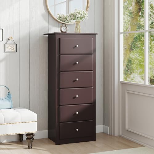 GIANTEX 6-Drawer Dresser for Bedroom, Wooden Chest of Drawers w/Metal Handles & Large Capacity, 16" D x 23.5" W x 53.5" H Clothes Organizer, Modern Tall Dresser for Bedroom, Entryway, Living Room - color: Brown