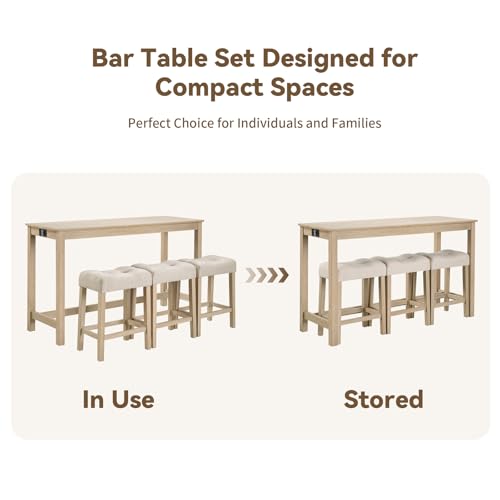 59" Counter Height Bar Table Set with Power Outlet, Industrial Breakfast Table with 3 Padded Stools, 4 Piece Bar Table and Chairs Set for Living Room, Dining Room, Light Oak - color: R1-light Oak