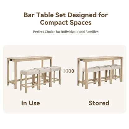59" Counter Height Bar Table Set with Power Outlet, Industrial Breakfast Table with 3 Padded Stools, 4 Piece Bar Table and Chairs Set for Living Room, Dining Room, Light Oak - color: R1-light Oak