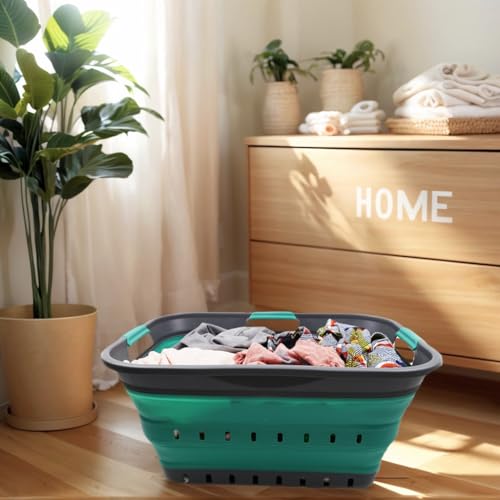 SAMMART 42L (11 gallon) Collapsible Plastic Laundry Basket - Foldable Pop Up Storage Container/Organizer - Portable Basket - Space Saving Hamper/Basket (2, Grey/Turquoise Blue) - color: Grey/Turquoise Blue