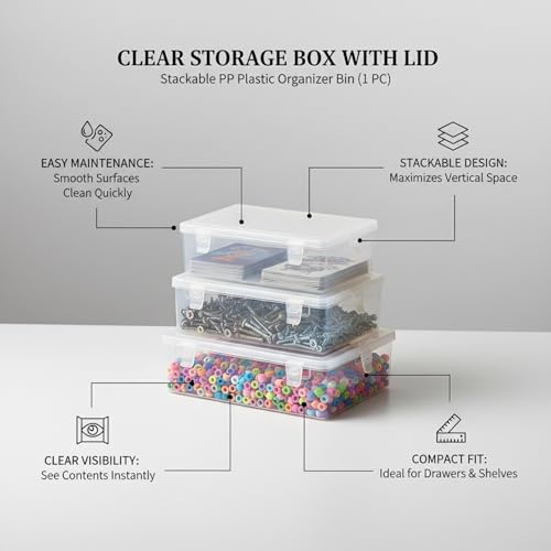 Stackable Clear Plastic Storage Bins with Lids, Transparent PP Organizer Boxes for Drawers, Shelves, and Desktops - size: 10.43 x 7.95 x 2.83 in