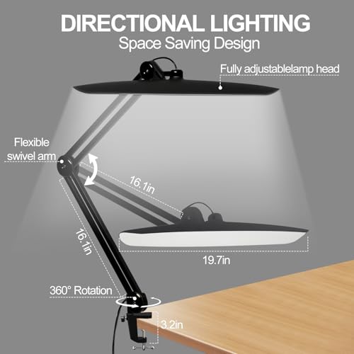 20" LED Desk Lamp with Clamp, 24W CCT Adjustable Dimmable Nail Light for Desk, 120 LEDs Metal Swivel Arm Daylight for for Nail Tech Task Home Office Reading Architect Craft, Black - color: Black