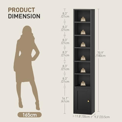 7-Tier Tall Narrow Bookshelf with Door, 11.8 X 9.3 X 70.9 Inches CD DVD Slim Media Tower Rack with Storage Cabinet, Adjustable Shelves, Skinny Bookshelf Display Bookcase for Home Office, Black - color: Black
