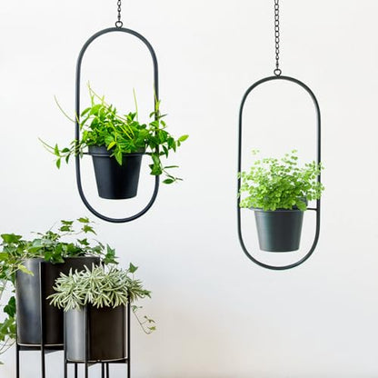 Modern Metal Hanging Planters with 5 Inch Pots - Set of 2 Oval Geometric Plant Hangers - Black Wall and Ceiling Mount Flower Holders for Indoor and Covered Outdoor Houseplants - size: OVAL-5 INCH POT