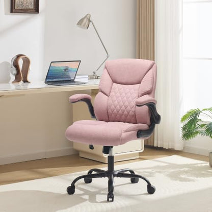 Fabric Executive Office Chair - Comfy Pink Desk Chair Small Space | with Mid Backrest,5 Wheels,Mid Backrest,Lumbar Support, Height Adjustable,Home Office Reading Gaming Use,for Women Adult - color: Pink