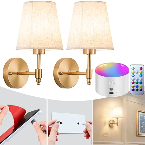 YHCDLAMP Peel and Stick Wall Sconces, No Drilling Stick On Wall Sconce, Wireless Battery Operated Wall Lights, Adhesive Wall Lamp with 10000mAh Battery Bulb for Bedroom Living Room Decor - color: Bronze-11.8inch