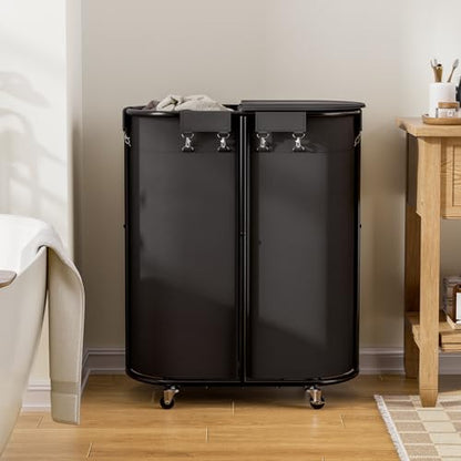 200L Double Laundry Hamper with Lid & Wheels, Oval Rolling Laundry Basket | Gasvadivum Sturdy Metal Large Laundry Cart with 2 Removable Bags, Dirty Clothes Hamper 2 section for Bathroom, Bedroom, Black - color: Black, size: 200L(24.8"L x 16.9"W x 31.5"H)