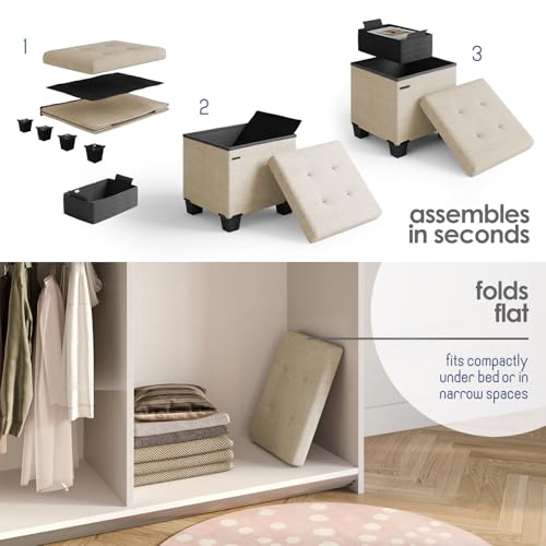 Storage Ottoman Cube with Small Bin, 15-in Square Ottoman with Storage for Living Room and Bedroom, Small Ottomans Foot Rest, Fabric Foot Stools Ottomans Max 330lbs, Beige - color: 08 - Beige