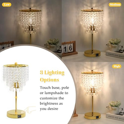 Crystal Table Lamp with USB C+A Ports, 3-Way Dimmable Touch Lamp, Gold Lamp | Bedside Lamp with Crystal Shade, Nightstand Lamp for Bedroom, Teens Room, Living Room, Dresser, B11 LED Bulb Included - color: Gold