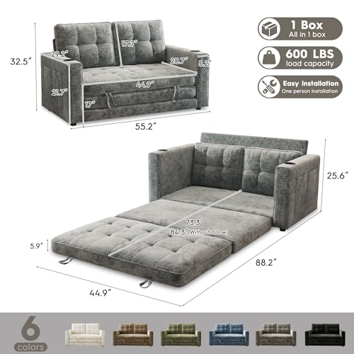 55" Convertible Folding Sofa Bed, Pull Out Couch Love Seat Sleeper Bed, Small Fold Out Loveseat sleeper with Cup Holder and Pillow for Small Space, Bedroom Lounge, Dorm, Living Room(Grey Chenille) - color: Light Grey