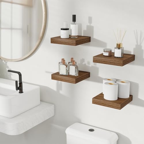 Fun Memories Floating Shelves for Wall, 8 Inch Set of 4 Rustic Wood Wall Shelves with Invisible Brackets, Heavy Duty Storage Display for Bathroom Bedroom Living Room Kitchen, Walnut - color: Walnut Brown, size: 8"W x 8"D, Set of 4