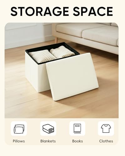PINPLUS Flat Top Folding Linen Storage Ottoman 16.5", 36L Collapsible Storage Cube with Lid, 250 lbs Load Capacity, Fabric Foot Rest Seat for Living Room, Bedroom, Closet,Cream White - color: Cream White