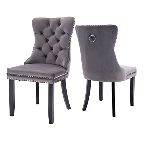 Virabit Tufted Velvet Upholstered Chairs Set of 2, Nailhead Back and Ring Pull Trim, Solid Wood Chairs for Kitchen/Bedroom/Dining Room (Grey) - color: Grey, size: set of 2