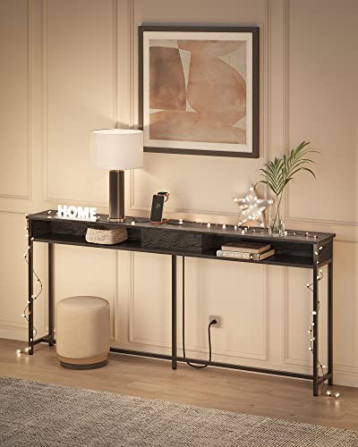 VASAGLE 70.9-Inch Console Table with Outlet and Shelves, Sofa Table with Charging Station, Behind Couch Table Skinny, Entryway Table for Hallway, Living Room, Charcoal Gray and Ink Black ULNT118B22