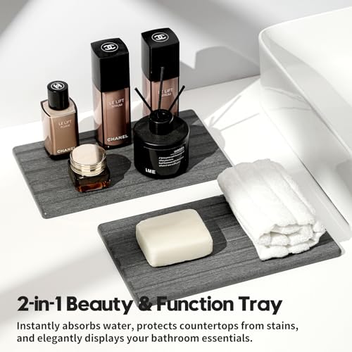 2PCS Water Absorbing Stone Drying Tray Mat for Bathroom Sink & Kitchen Counter Organizer, Quick Dry Dish Soap Dispenser Sponge Holder, Vanity Sink Caddy, Coaster, Dark Gray - 10" x 6" - color: 2pack-10"x 6" - Dark Gray