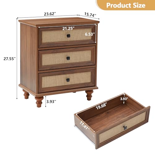 3 Drawer Dresser, Mid Century Modern Wide Wood Vintage Chest of Drawers Wooden Storage Organizer Dressers with Burlap Rattan Drawers for Living Room, Hallway Closet, 2 Sets Walnut - color: Burlap 3 Drawer Walnut 2 Set