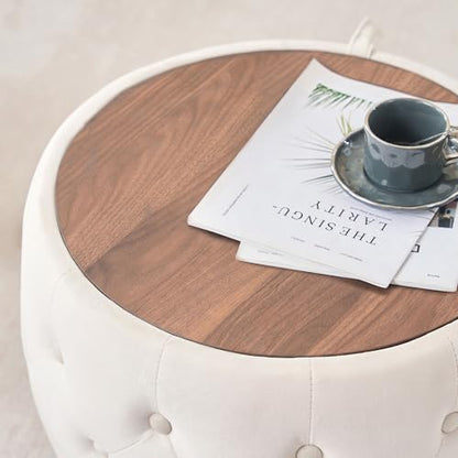 23" Velvet-Upholstered Accent Side Table, Modern Nesting Side Tables with Hidden Storage, Space-Saving Nesting Coffee Table Set with Wood Tray for Living Spaces, Beige - color: Beige