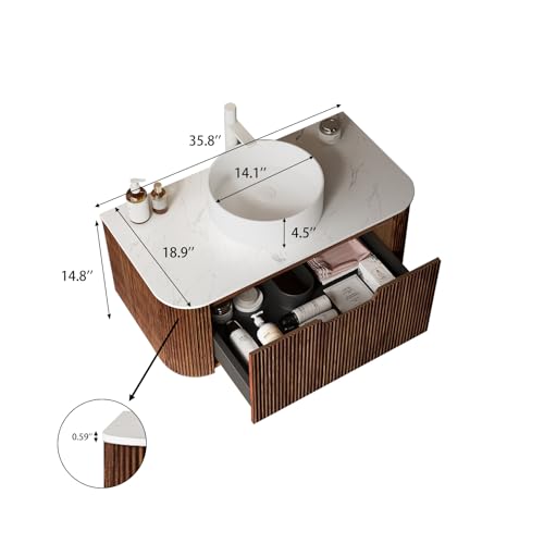 36” Floating Bathroom Vanity with Sink, Fluted Wall-Mounted Solid Wood Cabinet, White Ceramic Round Basin, Faux Marble Top, Soft-Close Drawer, Pre-Assembled, Walnut Woodgrain - color: 04 - Walnut Woodgrain, size: 36"