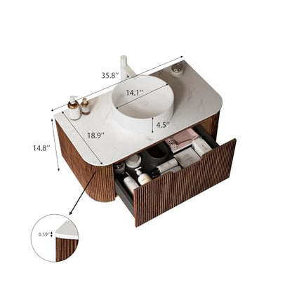 36” Floating Bathroom Vanity with Sink, Fluted Wall-Mounted Solid Wood Cabinet, White Ceramic Round Basin, Faux Marble Top, Soft-Close Drawer, Pre-Assembled, Walnut Woodgrain - color: 04 - Walnut Woodgrain, size: 36"