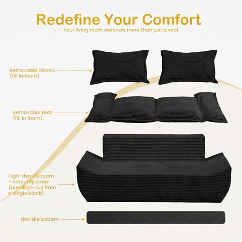 69" Boneless Couch, 3-Seater Oversized Boneless Loveseat Sofa with Removable Cushions & 3 Pillows, Deep Seat Compress Foam Sofa for Living Room, Apartments, & Office - color: Black, size: 3 Seater (69")