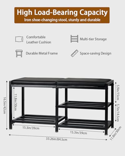 33“ Iron Shoe Rack Storage Bench for Entryway, Holds Up to 560lb | Space-Saving and Robust, Iron and Foam Padding Shoe Rack for Entryway, Front Door Entrances, Bathroom - size: 11.8 inches x 33.26 inches x 16.5 inches