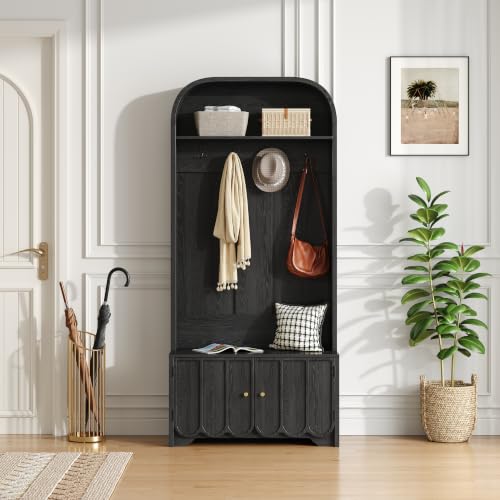 Narrow Entryway Hall Tree with Storage Bench, Entryway Storage Bench with Coat Rack, 70" Arch Coat Rack with 4 Hooks and 2 Fluted Doors,Farmhouse Furniture Organizer for Hallway, Black - color: Black Oak