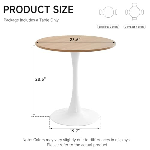 23.6" Small Round Dining Table for 2, [Sturdy Metal Tulip Base] Modern Circle Kitchen Table, for Dining Room Apartment Office Space Saving - color: Natural With White Base, size: 23.6"