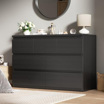 Jocoevol Modern Black 7 Drawer Dresser for Bedroom, Simply Chest of Drawers, Wood Storage Dresser with Deep Drawers for Living Room Hallway Entryway, Black - color: Black
