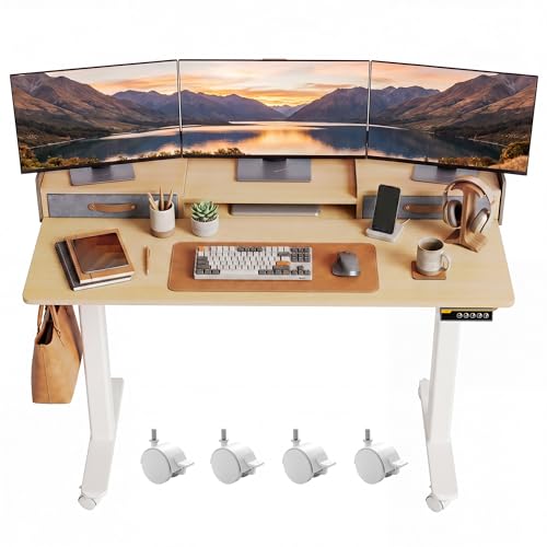 Claiks Standing Desk with Drawers & Wheels, 2 Height Shelf 48" Natural | 2 height adjust shelf, tabletop drawers, felt fence design, sturdy supports 176 lbs, 4 wheels, 2 tire monitor stand - color: Nature, size: 47.2×23.6