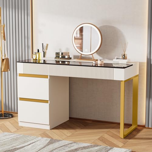 Tribesigns Vanity Desk with Glass Top, 4 Drawers Makeup Vanity Table | Modern Makeup Dresser Desk, White Gold Vanities with Visual Drawer for Bedroom