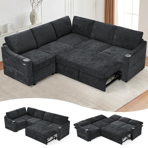 84" Chenille Modular Sleeper Sofa with Adjustable Backrests, Black | Convertible Corner Sofa with USB Ports, L-Shape Sectional Couch with Pull-Out Bed & Storage Space for House, Living Room - color: Black, style: L-Shape