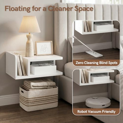Afuly Floating Nightstand Set of 2 White Bedside Table with ChargingStation | Wall Mounted Side Table with Led Light Modern Minimalist End Table Small Hanging Storage Organizer for Bedroom, Apartment