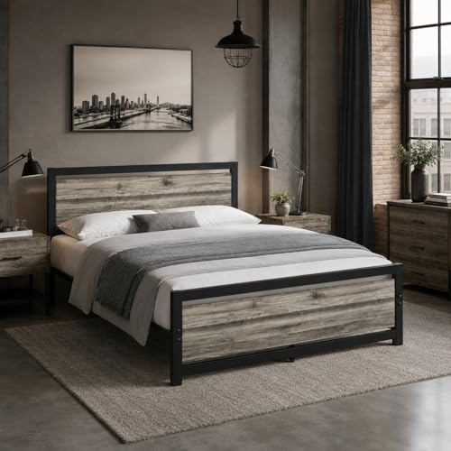 Full Size Bed Frame with Headboard, Full Metal Platform Bed Frame with Steel Slat Support, 10.5 in Storage Clearance, No Box Spring Needed, Easy Assembly, Wash Grey - color: Wash Grey, size: Full