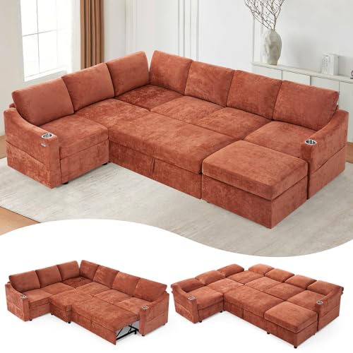 116" Chenille Modular Sleeper Sofa w/Adjustable Backrests, Orange | Convertible Corner Sofa with USB Ports, U-Shape Sectional Couch with Pull-Out Bed & Storage Space for House, Living Room - color: Orange, style: U-Shape