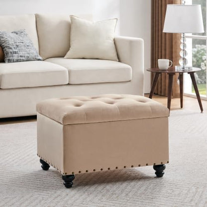 Zihanhome Velvet Storage Ottoman Bench, Button Tufted Ottoman with Hidden Storage, Upholstered Foot Rest Stool with Solid Wood Legs for Living Room, Bedroom, Entryway & Small Spaces (Khaki) - color: Velvet-khaki
