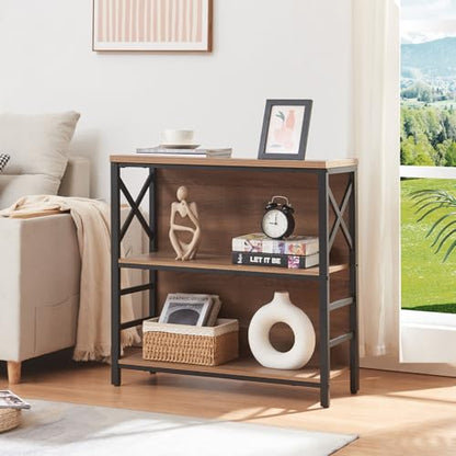 MNEETRUNG Small Bookshelf,3 Tier Industrial Bookcase with Metal Frame and Backboard,Low Rustic Brown Book Shelf,Book case for Small Spaces,Living Room,Bedroom and Home Office - color: Brown, size: 3-Tier (29.5"W x 11.8"D x 29.2"H)