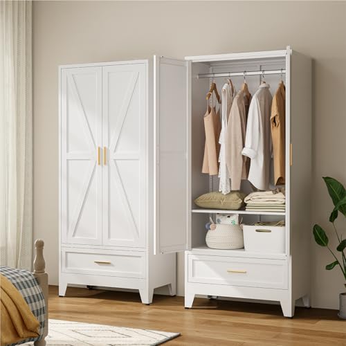 71" Tall Metal Armoire Wardrobe Closet,17.7" Deep By 31.5" Wide Portable Closet for Hanging Clothes,Wardrobe Cabinet with Drawer and Shelve for Bedroom Office Garage,White 1 Pack - color: White, size: 17.7"D x 31.5"W x 71"H-4