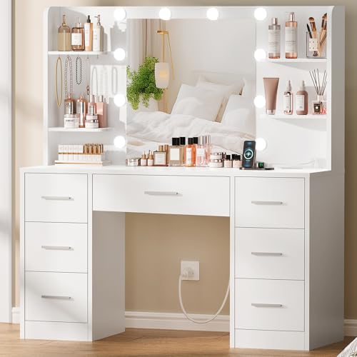Quimoo Large Vanity Desk with LED Lighted Mirror & Power Outlet,Makeup Vanity Table with 7 Drawers,4 Shelves and 5 Hooks,Vanity Table, Vanity Desk Set for Bedroom,Bathroom,White - color: White 7 Drawers