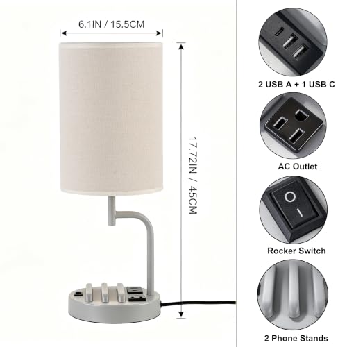 Dreamholder 2 Pack Table Lamp, Bedside Lamp with 3 USB Charging Ports & AC Outlet, USB Desk Lamp with 2 Phone Holders, Linen Fabric Shade Nightstand Lamps for Bedroom Living Room Office, Gray - color: Gray