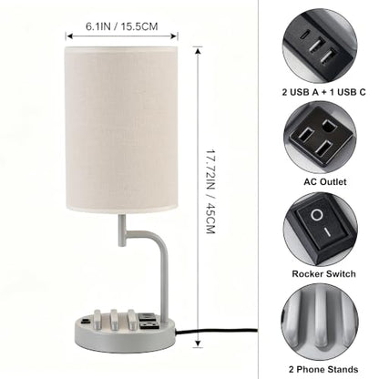 Dreamholder 2 Pack Table Lamp, Bedside Lamp with 3 USB Charging Ports & AC Outlet, USB Desk Lamp with 2 Phone Holders, Linen Fabric Shade Nightstand Lamps for Bedroom Living Room Office, Gray - color: Gray