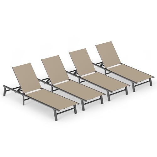 Foldable Outdoor Lounge Chair Set of 4, No Assembly Aluminum Chaise Lounge Outdoor with 5-Positions, Aluminum Pool Lounge Chairs with Portable Design for Pool, Deck, Beach, Patio (Khaki) - color: Khaki-upgraded, size: 4 Packs