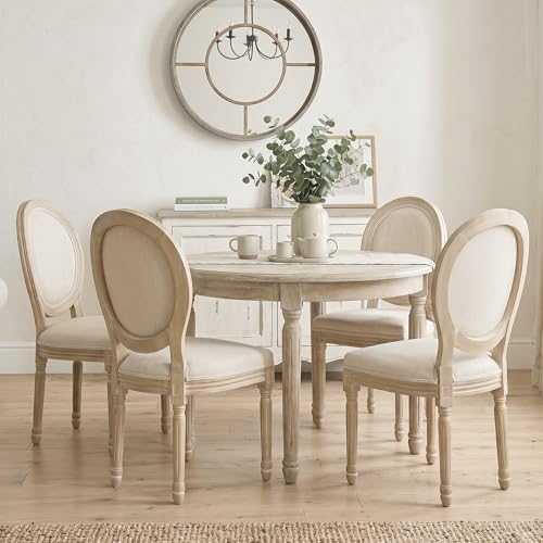Kmax Farmhouse Dining Room Chairs, French Distressed Bedroom Chairs with Round Back, Elegant Tufted Kitchen Chairs, Set of 2, Beige - color: Natural Wash-fabric-beige, size: 2 Chairs