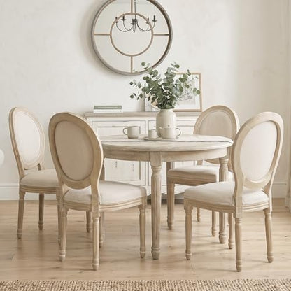 Kmax Farmhouse Dining Room Chairs, French Distressed Bedroom Chairs with Round Back, Elegant Tufted Kitchen Chairs, Set of 2, Beige - color: Natural Wash-fabric-beige, size: 2 Chairs
