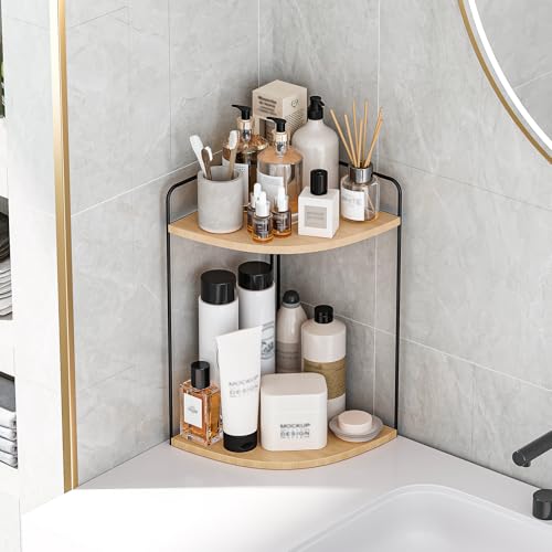 Bathroom Counter Organizer, Vanity & Makeup Countertop Organizer | Corner Bathroom Counter Organizer, Bathroom Sink Organizer, Bathroom Counter Shelf, Countertop Organizer, Corner Desk Shelf - color: Black-burlywood 2 Tier