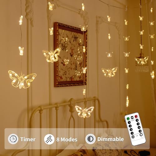 YOLIGHT Butterfly Curtain Lights for Bedroom 9.8ft LED Twinkle Fairy Light with Remote Timer Cute String Lights Wall Décor for Kids Girls Room Bed Canopy Wedding Easter Decoration (Warm White) - color: Warm White