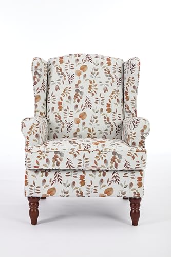 GDFStudio Modern Wingback Accent Chair with Solid Wood Legs and Cushion, Comfy Upholstered Floral Pattern Armchair, Retro Leisure Single Sofa Chair for Living Room Bedroom Home, Brown+Yellow - color: Brown+yellow