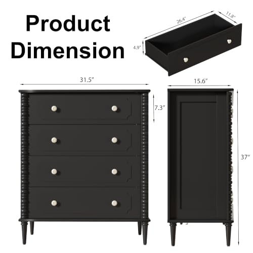 Black Dresser for Bedroom with 4 Drawer, 37" Tall Chest of Drawers with Turned Legs and Ceramic Knobs,Vertical Dresser, Wood Drawer Storage Organizer for Bedroom, Living Room, Hallway - color: Black, size: 15.5"D x 32"W x 37"H (4 Drawers)