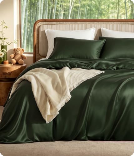 Bedsure PureWoven 100% Organic Bamboo Cooling Duvet Cover Set, Queen, Green | Silky, Soft, Luxury, for Hot Sleepers, 300TC, Button Closure, 3 Pieces with 2 Pillow Shams(No Insert), 90" X 90" - color: Olive Green, size: Queen