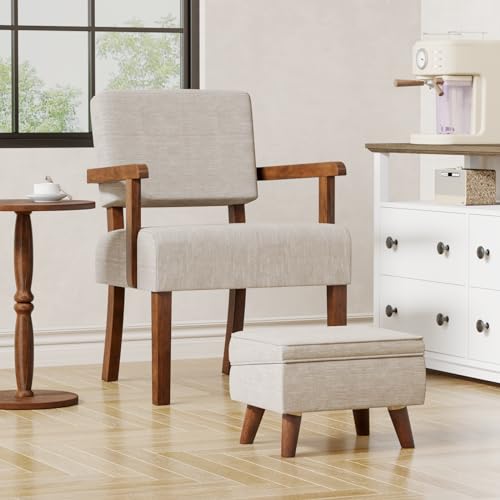 Accent Chairs Set of 2, 2 Solid Wood Armchairs with Side Table | Living Room Chairs with Soft Thicken Cushion, Comfy Reading Chair for Bedroom, Waiting Room, Home Office, Easy Assembly - color: Linen Beige, size: Set of 2 with table