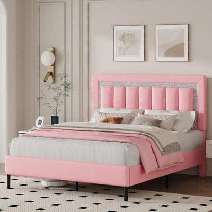 HOMBCK Full Bed Frame with Headboard, Faux Leather Upholstered Bed with Wooden Slats Support, Full Size Bed Frame with Diamond Vertical Stripe Design, Mattress Foundation, No Box Spring Needed, Pink - color: Pink, size: Full
